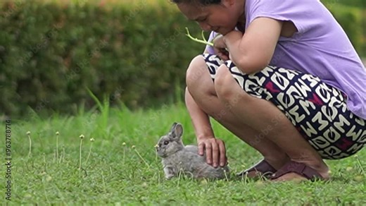 Asia women playing with rabbit in the garden