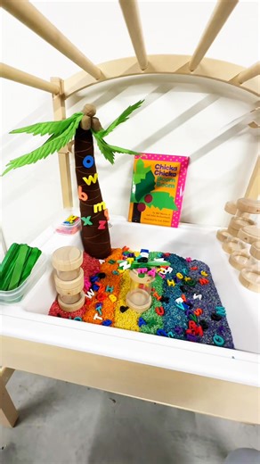Check out our Chicka Chicka Boom Boom Sensory Table! 🌴✨ It’s packed with colorful alphabet pasta, letter beads, and coconut trees for the perfect mix of hands-on literacy, fine motor, and STEM fun. Great for building, scooping, and exploring letters in this bright, playful setup! 💛 | Preschool Vibes