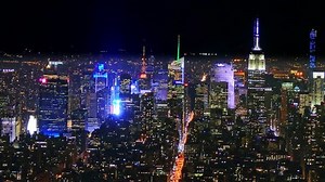 Drone Footage New York Cityscape Illuminated Skyscrapers Modern Night Famous Travel Tourism Empire State Building Manhattan USA Crowded
