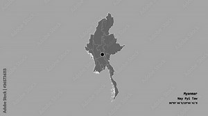Yangon, division of Myanmar, with its capital, localized, outlined and zoomed with informative overlays on a bilevel map in the Stereographic projection. Animation 3D