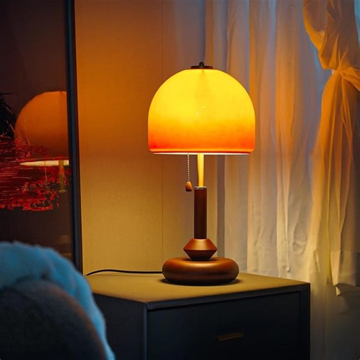 Amber Glass Mushroom Lamp | Walnut Wood Base, Mid Century Modern Desk Light - Etsy