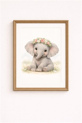 Baby Elephant With Flower Crown, Printable Digital Download, Studioprintframe NURSERY 004 - Etsy