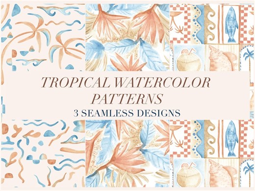 Tropical Watercolour Seamless Patterns, Surf Bundle, Ocean Repeat Prints - Etsy