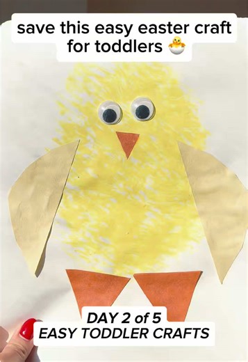 day 2 of our easy spring crafts 🌼🐥 we made this fluffy chick using a fork yellow paint and my 3yo thought it was the funniest thing ever. the fork makes the perfect feathery texture and it’s such an easy way to switch up painting. low prep. minimal supplies. toddler approved. save this if you want a super easy spring craft to try with your kids! #toddlercraft #springcrafts #easytoddleractivities #momlife #craftwithkids