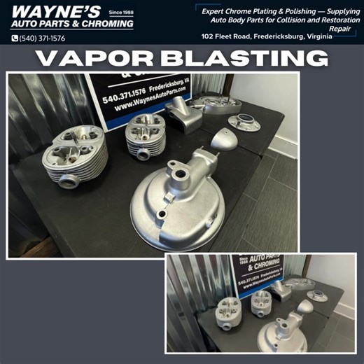 Vapor blasting These parts came in dirty, oxidized, and beat from years of use. We ran them through our vapor blasting process to strip the grime, corrosion, and buildup — leaving clean, even, bare metal with all the details intact. No polishing. No coatings. Just proper prep done the right way. This is the foundation for quality work — whether it’s going back together as-is or getting finished with chrome later on. At Wayne’s Auto Parts & Chroming, we vapor blast parts for automotive, motorcycl