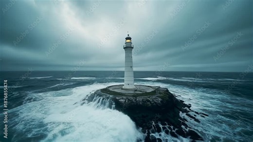 Approaching swell rising and crashing into tall white lighthouse on circular islet, storm driven