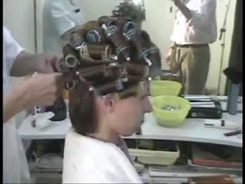 Brunette at the stylist: hair wet set rollers and makeover