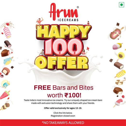 Celebrate 100 with Arun Ice Creams! Are you aged 13-19? Get ready to indulge in FREE Bars and Bites as we bring you Arun Ice Cream’s Happy 100 Offers! 🎁✨ 🥳 Don’t miss out on this delicious opportunity—register now and let the celebrations begin! 👉 Hurry, offer valid for a limited time! | Arun Icecreams