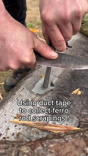 Probably my favorite Hack learned over the weekend at the Georgia Bushcraft campfire co-op gathering, using duct tape to collect ferro Rod scrapings. Madison demonstrated this to me using one of her blades and enlightened me on how duct tape itself is fibrous and flammable, and also a good fire, starter material! #bushcraft