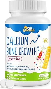 ChiQwench 500 MG Calcium Supplement with Vitamin D3 & K2, Zinc, Magnesium & Prebiotics. Kids Vitamins for Kids' Height. Bone Strength, High Absorption, Orange Chewables, Non-GMO, Gluten Free, 60 Tabs