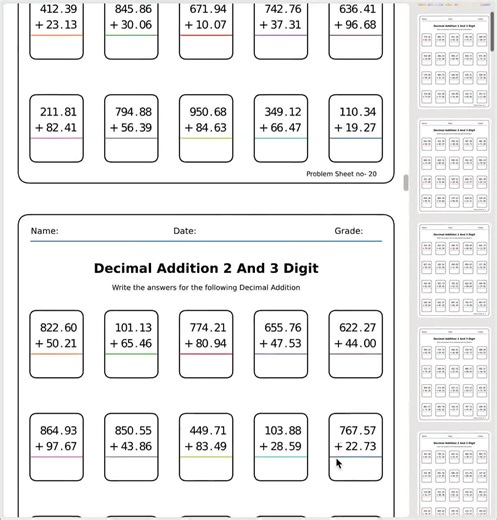 30 Printable 6th Grade Math Worksheets | Decimal Addition With Answer Keys | Instant Download PDF - Etsy