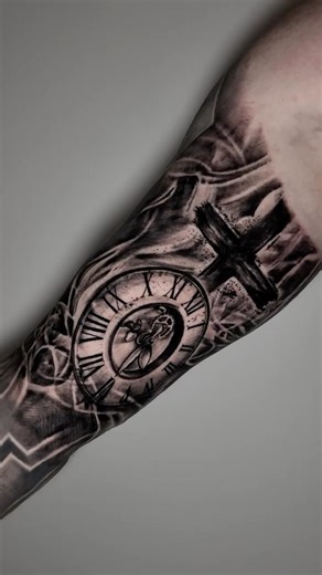 ⏳ Clock & Cross Inner Arm Tattoo | Black & Grey Realism ⏳