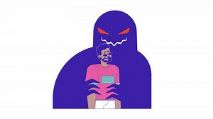 Psychological manipulation line 2D animation. Abuse victim guy african american adult frightened 4K motion graphic. Nightmare evil linear animated cartoon flat concept, white background
