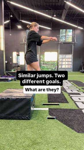 Maddy Peterson | CSCS | Performance Coach on Instagram: "Similar jump. Two completely different goals. Jump 1: Depth Jump (Power Output) Goal: Jump as high as possible. The athlete spends more time on the ground but produces greater overall power. This is a muscle-driven movement centered on maximal force production. Jump 2: Drop Jump (Reactive Strength) Goal: Get off the ground as fast as possible with minimal contact time. This is more ankle-dominant and tendon-focused, emphasizing elasticity 