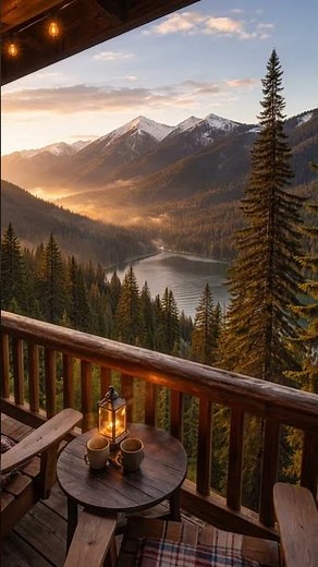 Peaceful Mountain Cabin Sunrise 🌄 Cozy Balcony View for Relaxation & Stress Relief