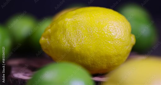yellow sour lemon and green limes lying on the table, ripe citrus fruits lemons and limes lying on a wooden table
