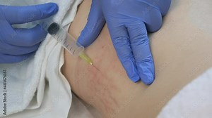 Doctor makes injection of ozone gas in patient woman on side of body on ozone therapy, closeup view. Treatment, cure and remove of skin tags and stretches. Correction of skin after pregnancy.