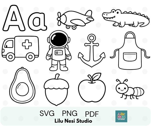 Letter A Alphabet Clipart | Aa Line Art Illustrations | Kids Learning Printable | Nursery Alphabet SVG PNG | Preschool Worksheet Graphics - Etsy