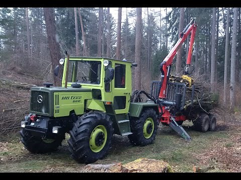 MB trac 800 nach Restauration mit Perzl-Rückewagen im Forsteinsatz; MB trac und Unimog im Einsatz