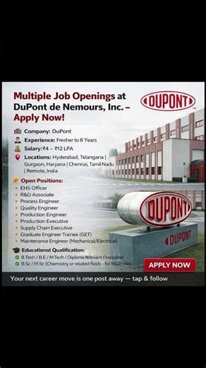 🚨 DuPont Mega Recruitment | GET & Multiple Roles | Freshers to 8 Yrs | ₹4-12 LPA #shortsvideo #fyp