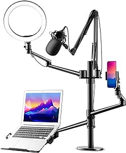 6-in-1 Desktop Stand – Flexible Table Mount with Microphone Stand, 10 Inch LED Ring Light, Laptop Stand, Adjustable Phone and Tablet Holder Sturdy Aluminum Boom Arm for Video Live Stream Gaming