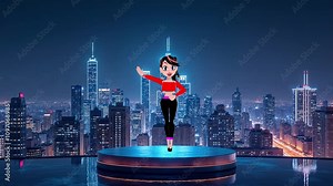 Cartoon character a girl dancing in the city. Video. Animation. Background of the city.
