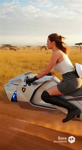 A Lamborghini AeroBlade flying motorcycle gliding along african savanna