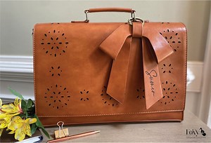 Personalized Brown Vegan Leather Laptop Bag With Removable Bow: Women's Briefcase for 15.6 and 16 Inch Computer, New Job or Graduation Gift - Etsy