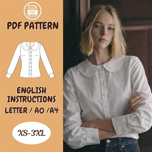 Peter Pan Women Blouse Pattern, Long Sleeve Shirt, PDF Sewing Pattern - Etsy
