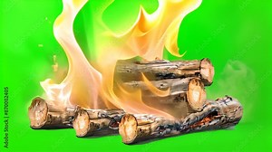 Burning Logs on Green Screen Background with Ai generated.