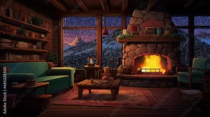 Animated virtual backgrounds, cozy lofi living room with fireplace with a view of the mountains from the window. Room cartoon style. ai generated