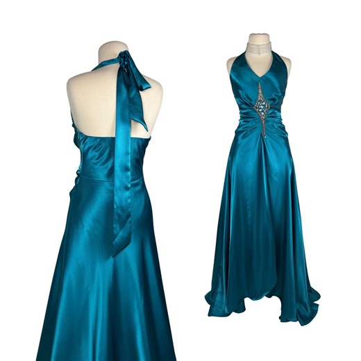 Vintage Teal Satin Halter Gown: Beaded Y2K Prom Dress - Etsy