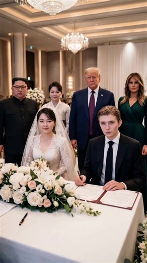 Barron Trump marries Kim Jong Un’s daughter😂 Barron Trump 🤵 Kim Jong Un’s daughter 👰 Donald Trump, Melania Trump and Kim Jong Un watch the ceremony… while Vladimir Putin officiates the wedding. Made with AI, just for fun. #Trump #KimJongUn #Wedding #Usa #Funny