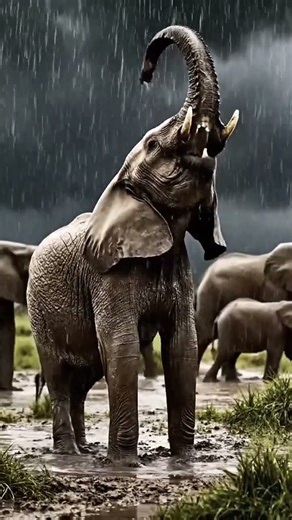A herd of elephants trumpeting during thunderstorm
