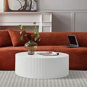 White Round Drum Coffee Table Modern Large Round Coffee Table Wood Side Table for Living Room Office Apartment