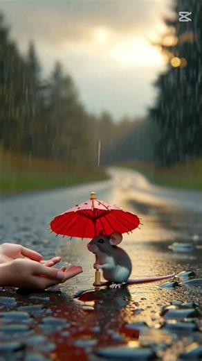 “A Little Mouse in the Rain — Holding a Tiny Umbrella 🐭☔”