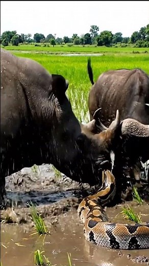 Rhino Saves Buffalo From Giant Python Attack​ #Wildlife #AnimalRescue #RhinoVsPython