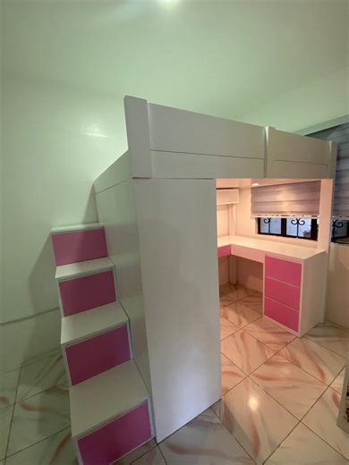 Semi Double Size Loftbed with Sliding Cabinet and Table (Ledlight) 48x75. Materials: Mahogany Wood & 3/4 Plyboard #QuadCornerFurniture #SlidingCabinet #tabledecor #LoftBed #cabinetdesign #ledlights #fypシ゚viralシ | Quad Corner Furniture