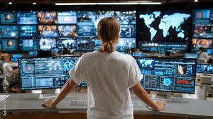 Control Center Command: A dedicated operator monitors real-time global data in a high-tech command center, overseeing a complex network of screens and data.