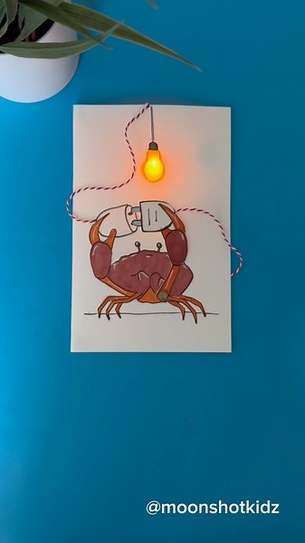 DIY electronics, stem and science activities for beginners on Instagram: "DIY “Crab electrician” interactive card. Easy and fun paper electronics project for beginners. You will need: - LED diode - Conductive copper tape - Coin cell battery 3v (CR2032) - Reed switch (normally open) - Magnet - Paper - Tracing paper - Markers - Thread Warning: this project should be done under adult supervision. Order supplies here: https://www.amazon.com/shop/moonshotkidz ©️ @Moonshotkidz – All rights reserved. R