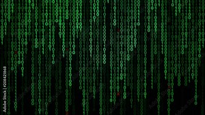 Binary code black and green background with digits moving on screen, Concept of digital age. Algorithm binary, data code, decryption and encoding, row matrix background.