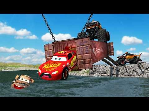 ANGRY MONSTER SHARK VS LIGHTNING MCQUEEN AND TOW MATER FRIEND'S TRAP ESCAPE PLAN