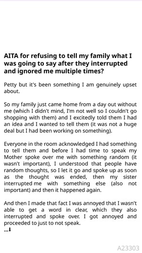 AITA for 🌼 refusing to 🐮 tell my 🌳 family what I was going 🌸 to say after 😽 they 👧 interrupted and ignored me multiple times? % | Culinary Canvas