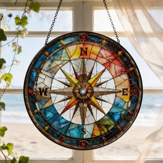 Compass Rose Stained Glass Suncatcher, Nautical Compass Window Hanging, Maritime Coastal Decor, Ocean Inspired Window Art, Sailor Gift - Etsy