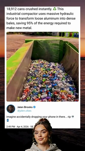18,912 cans crushed instantly ♻️ This industrial compactor uses massive hydraulic force...