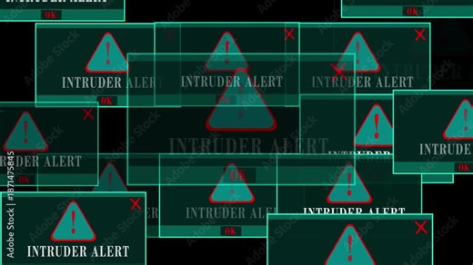 Intruder Alert Warning Error Window Pop-Up on Black Screen, Unauthorized Access Detected, Cyber Security Breach, Hacker Attack, System Protection, Digital Threat, Futuristic UI Notification