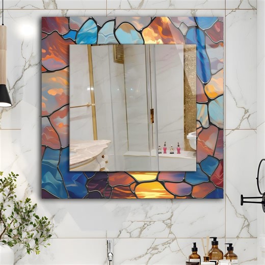 Stained Effect Tempered Glass Square Wall Mirror: Colorful Abstract Bathroom Wall Decor - Etsy