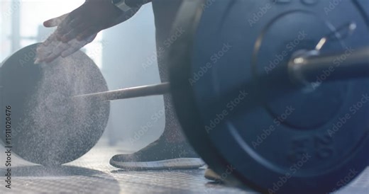 Lifter is stepping, rubbing chalk into palms, clapping dust and grasping bar, securing grip