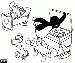 Pingu and the toy box coloring page printable game