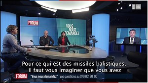 "Si un dirigeant décide d'utiliser une arme nucléaire, que se passe-t-il si l'une des personnes chargées d'exécuter cet ordre décide de ne pas obéir? Et est-il possible de l'arrêter en plein vol si elle devait être lancée?" Laure, une auditrice de #ForumRTS, nous a posé la question. Réponse d'Alexandre Vautravers, rédacteur en chef de la Revue Militaire Suisse. | RTSinfo